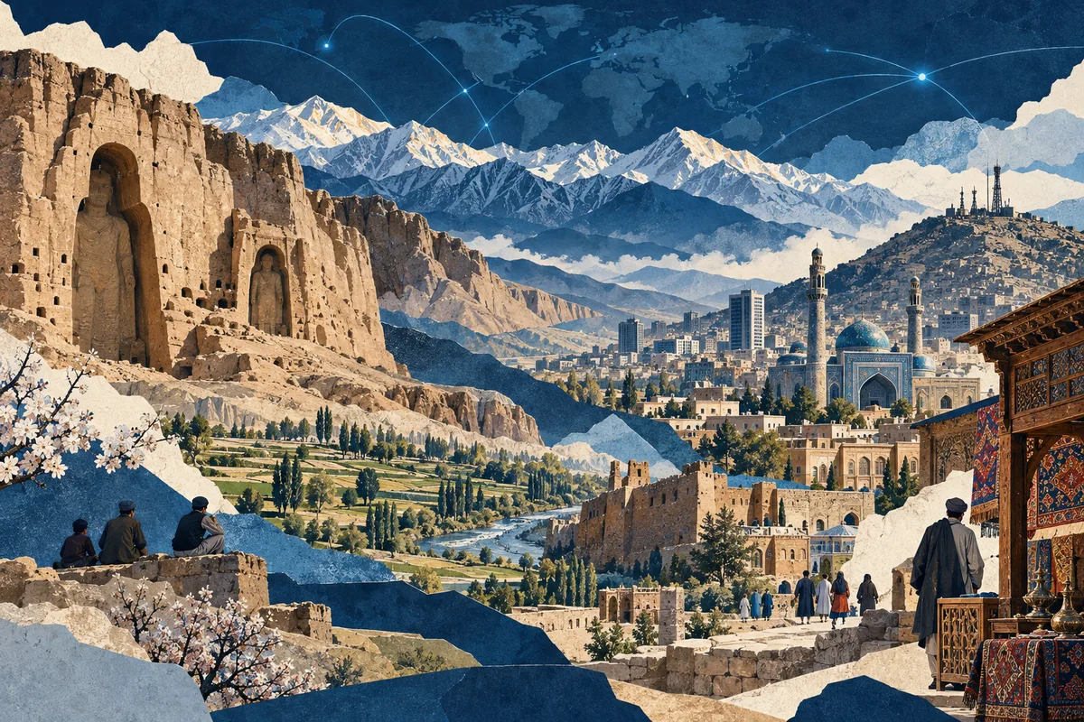 Collage ilustrado de Afganistán, inspirado en Bamiyan, Kabul, Hindu Kush.