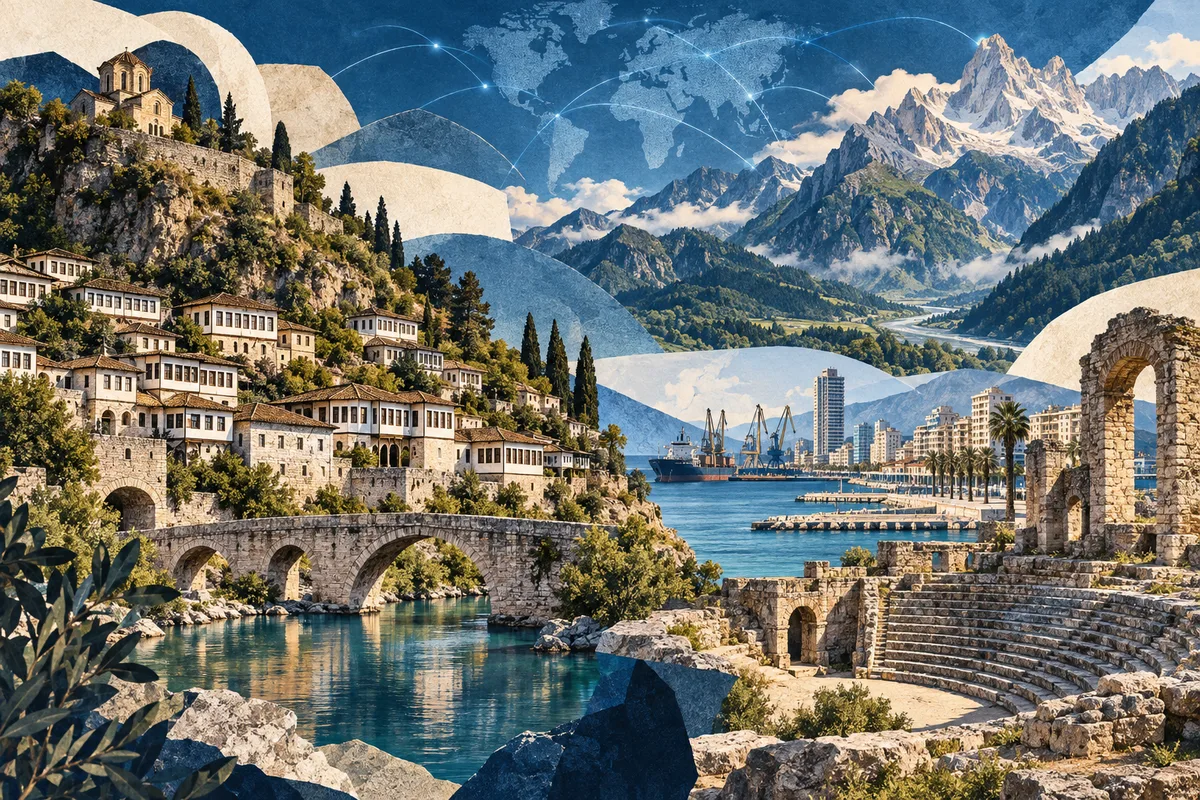 Collage ilustrado de Albania, inspirado en Berat, Durrës, Albanian Alps.