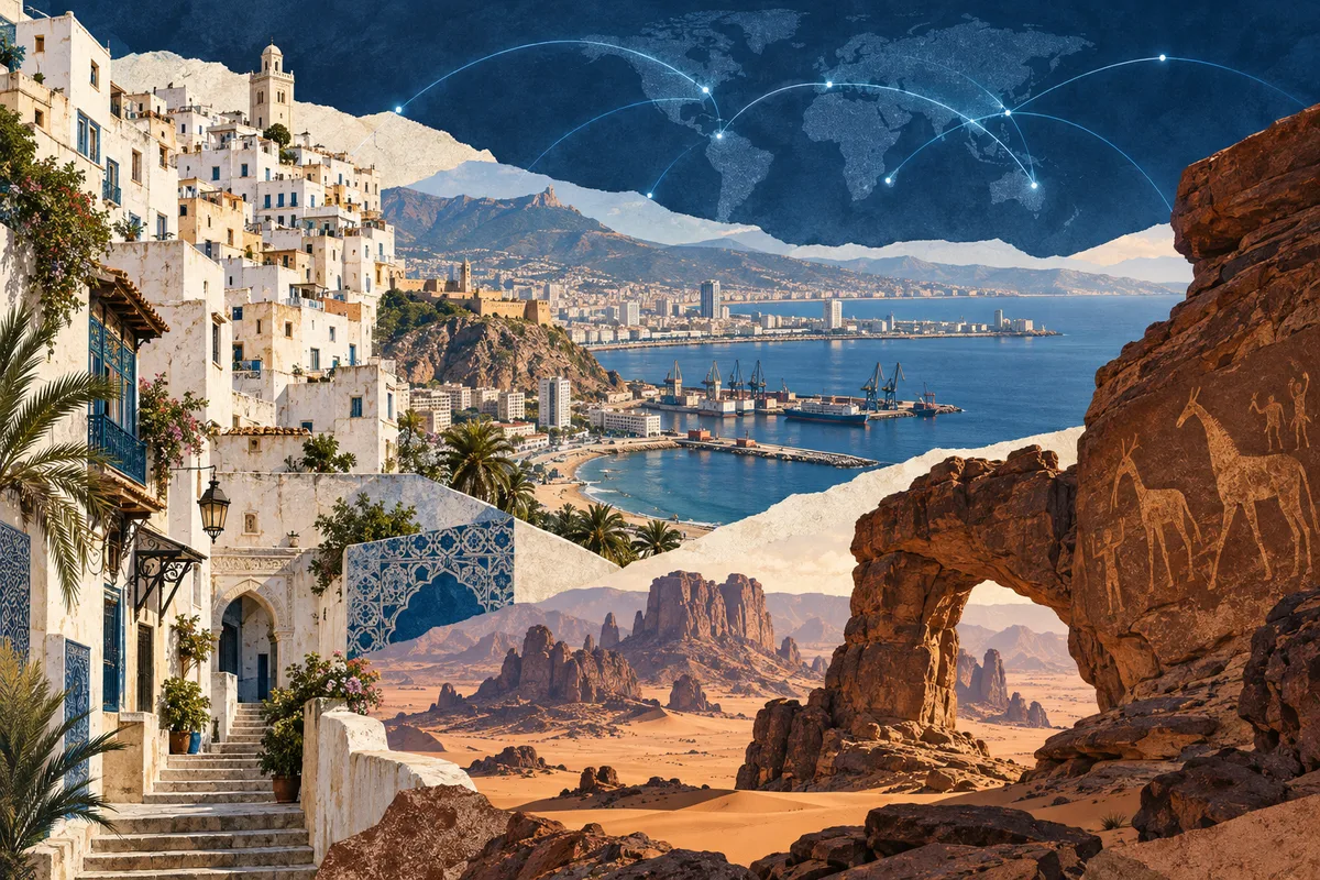 Collage ilustrado de Argelia, inspirado en Casbah of Algiers, Oran, Tassili n'Ajjer.