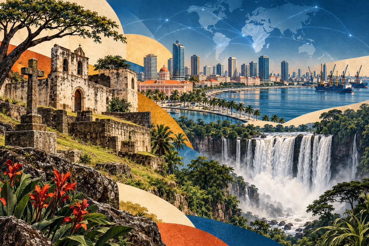 Collage ilustrado de Angola, inspirado en Mbanza-Kongo, Luanda, Kalandula Falls.
