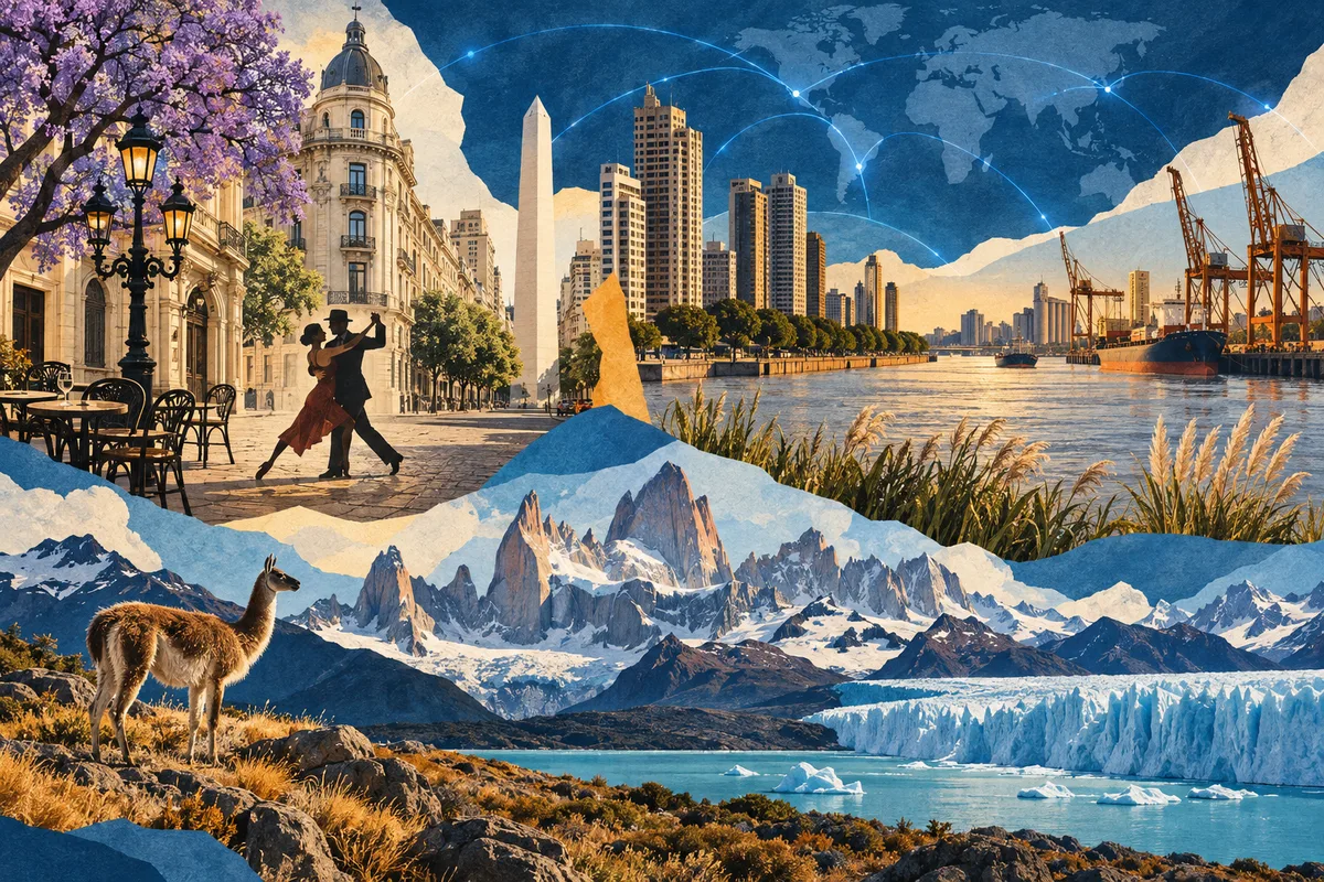 Collage ilustrado de Argentina, inspirado en Buenos Aires, Rosario, Patagonia.