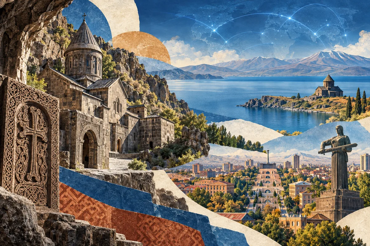 Collage ilustrado de Armenia, inspirado en Geghard, Yerevan, Lake Sevan.
