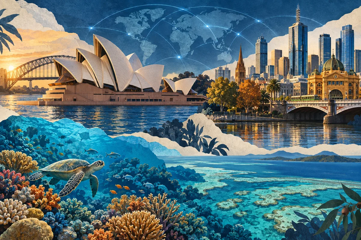 Collage ilustrado de Australia, inspirado en Sydney Opera House, Melbourne, Great Barrier Reef.