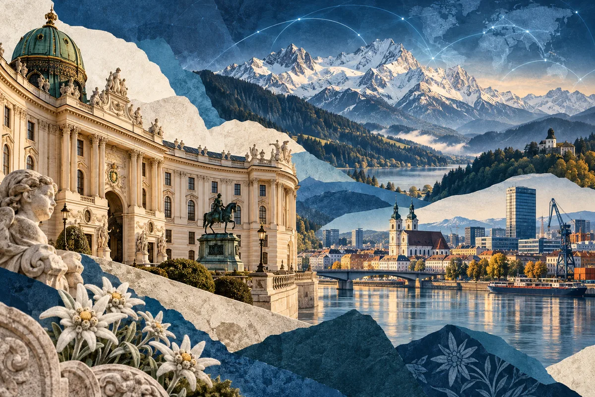 Collage ilustrado de Austria, inspirado en Hofburg, Linz, Austrian Alps.