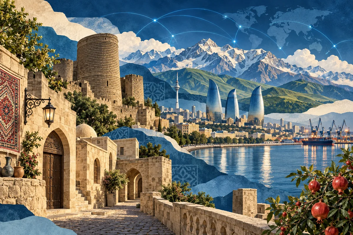 Collage ilustrado de Azerbaiyán, inspirado en Old City (Baku), Baku, Greater Caucasus.