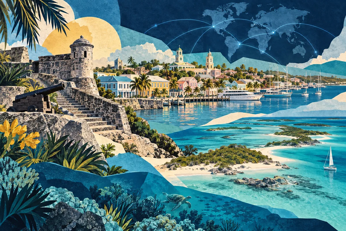 बहामास का सचित्र कोलाज, Fort Fincastle, Nassau, Bahamas, Exuma से प्रेरित।