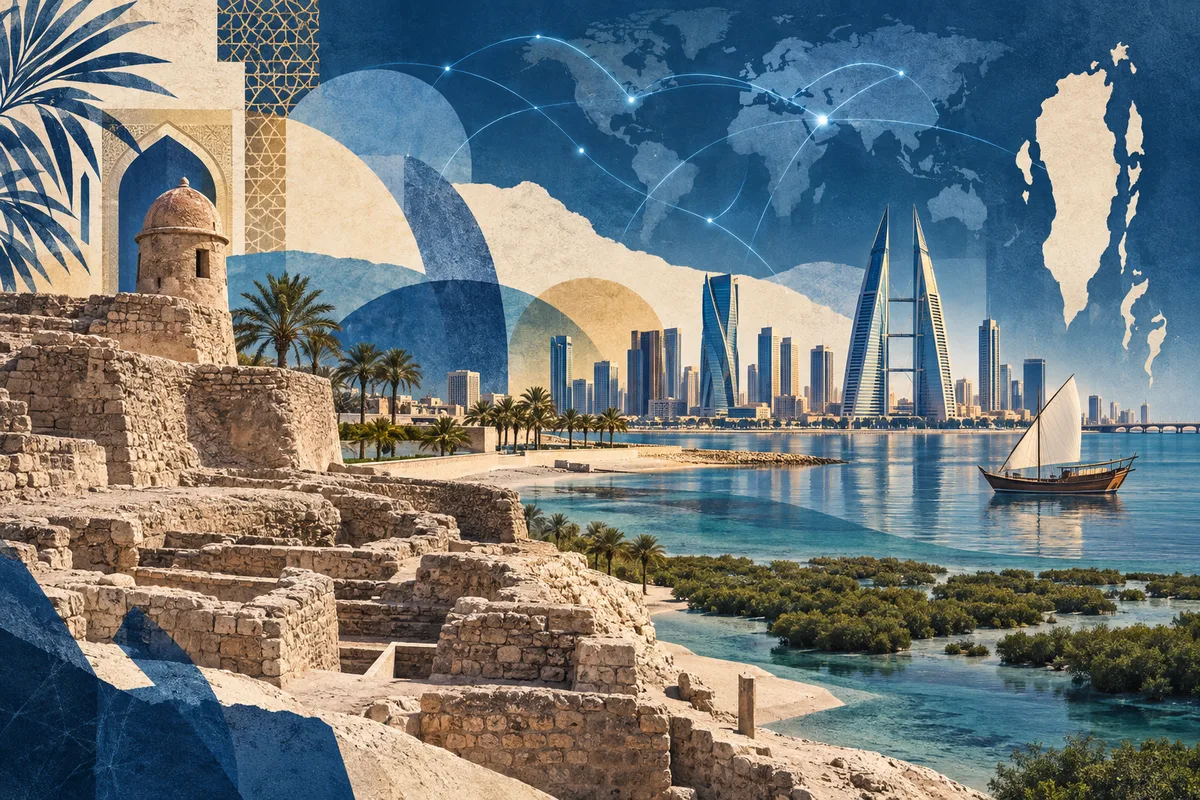 Collage ilustrado de Baréin, inspirado en Qal'at al-Bahrain, Manama, Bahrain Island.