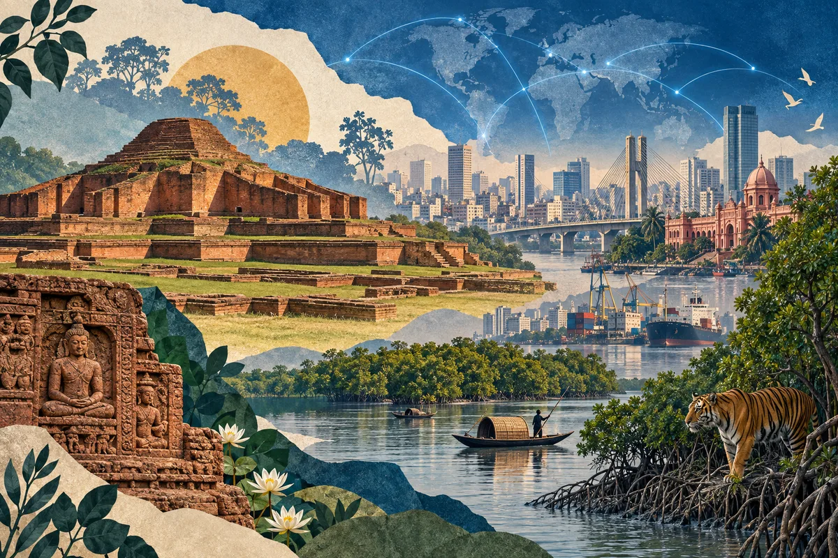 Collage ilustrado de Bangladés, inspirado en Somapura Mahavihara, Dhaka, Sundarbans.