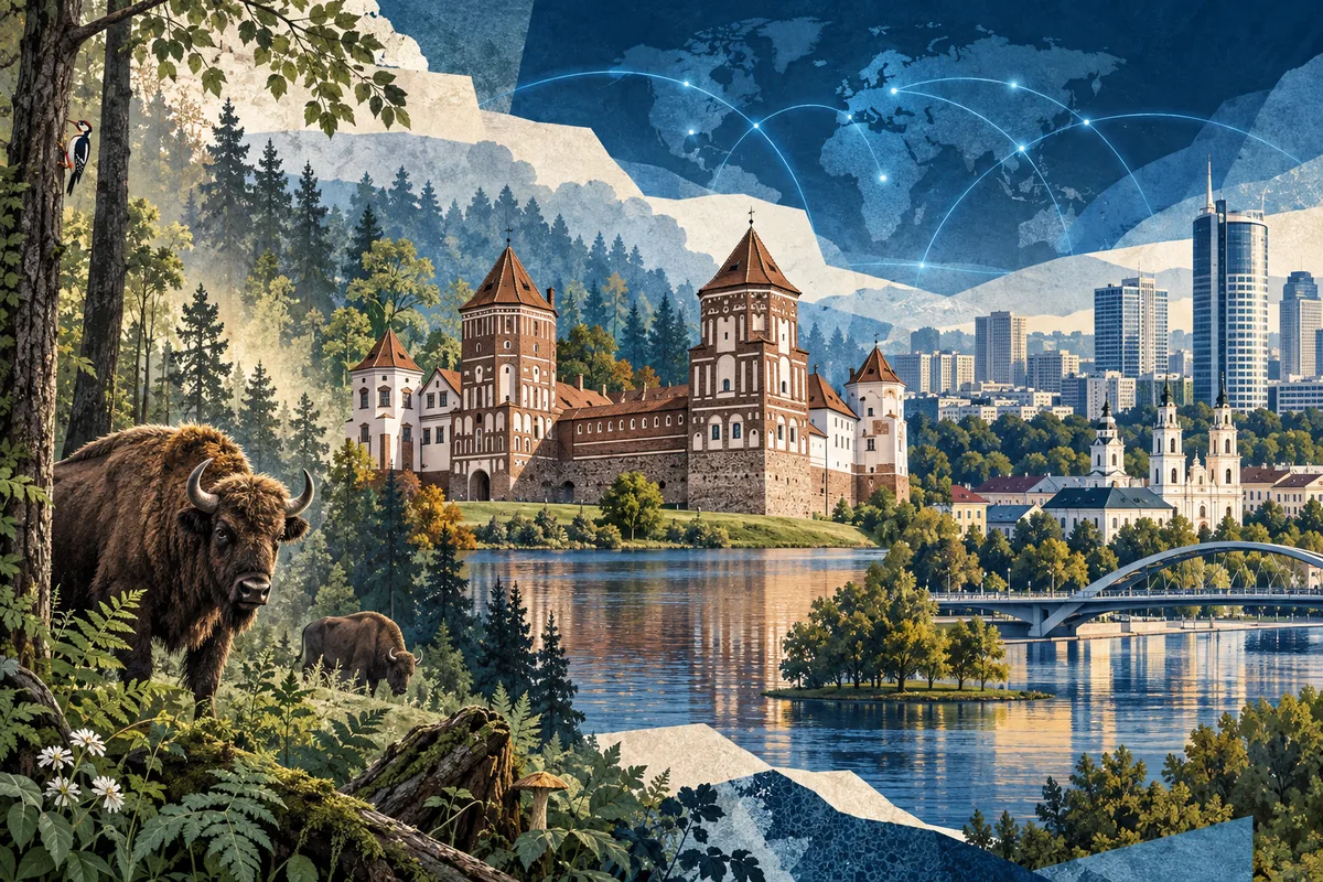 Collage ilustrado de Bielorrusia, inspirado en Mir Castle Complex, Minsk, Białowieża Forest.