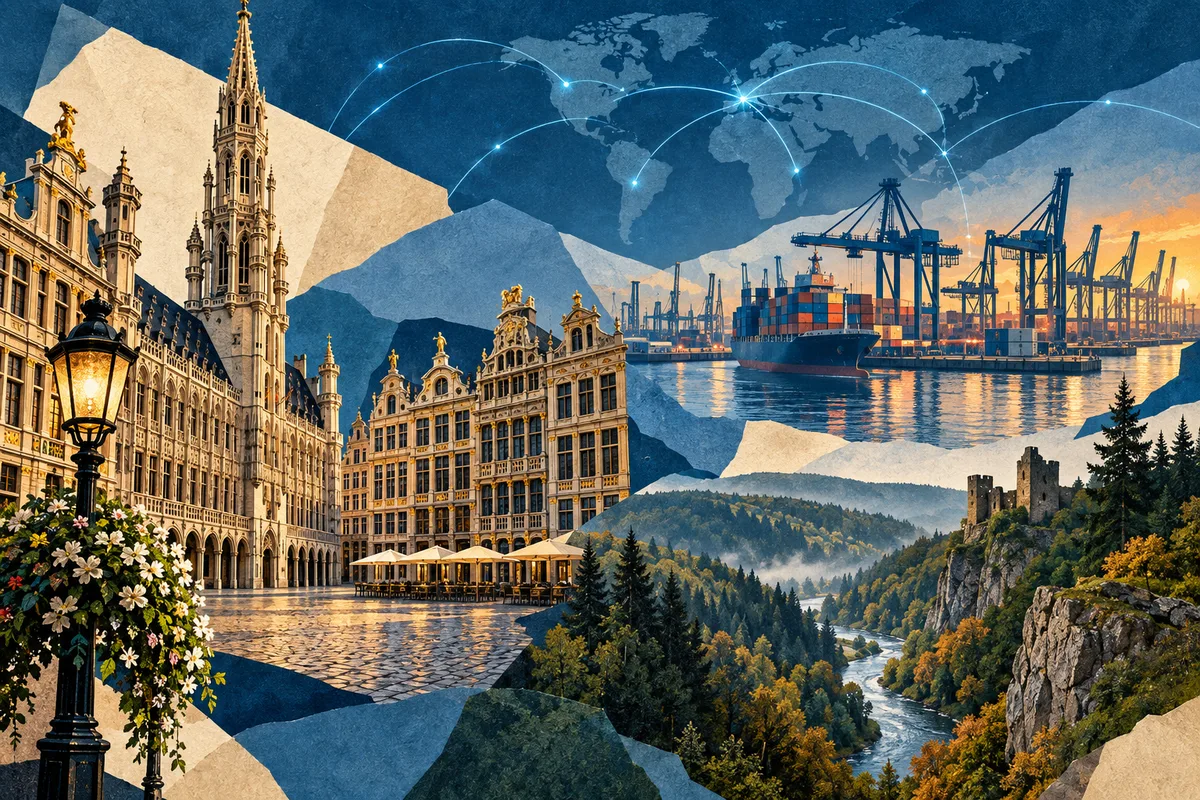 Collage ilustrado de Bélgica, inspirado en Grand-Place, Port of Antwerp, Ardennes.