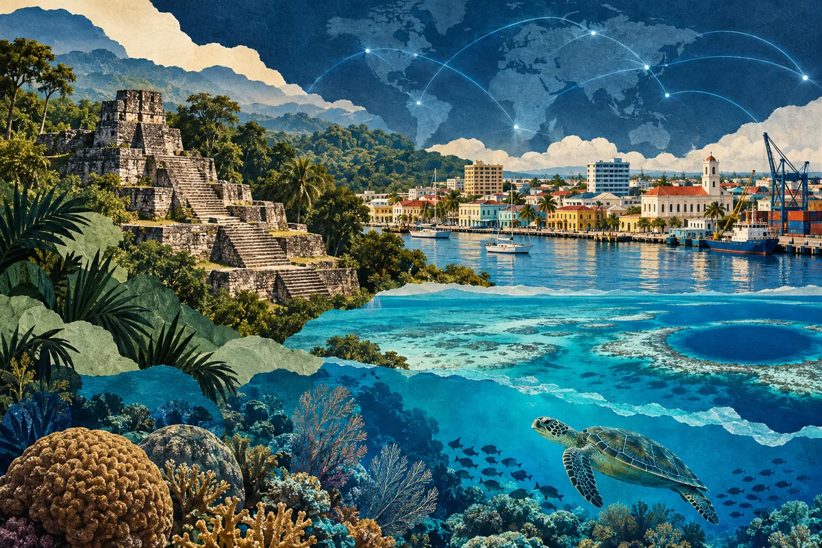 बेलीज़ का सचित्र कोलाज, Caracol, Belize City, Belize Barrier Reef से प्रेरित।