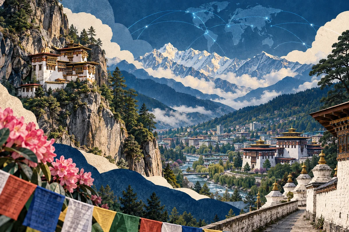Collage ilustrado de Bután, inspirado en Paro Taktsang, Thimphu, Eastern Himalayas.