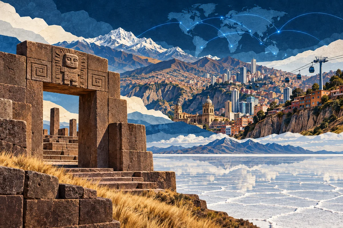 Collage ilustrado de Bolivia, inspirado en Tiwanaku, La Paz, Salar de Uyuni.