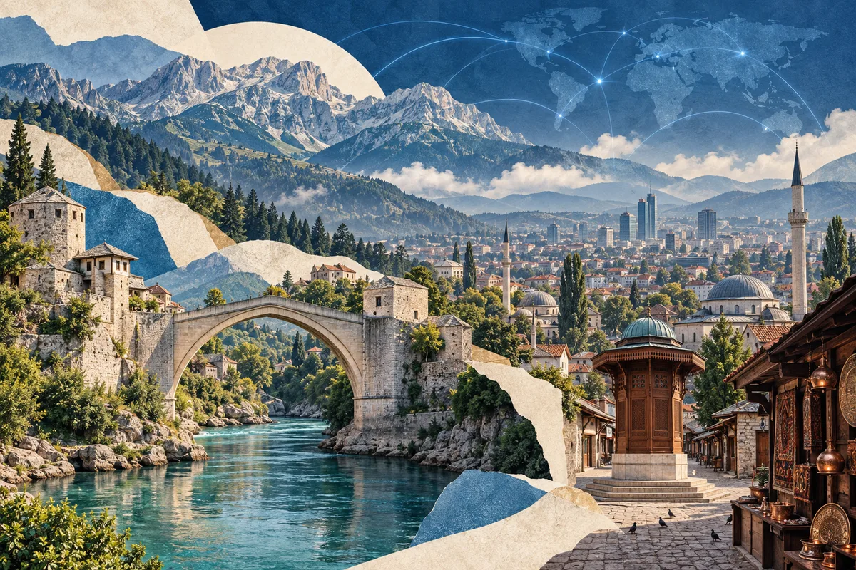 Collage ilustrado de Bosnia y Herzegovina, inspirado en Stari Most, Sarajevo, Dinaric Alps.