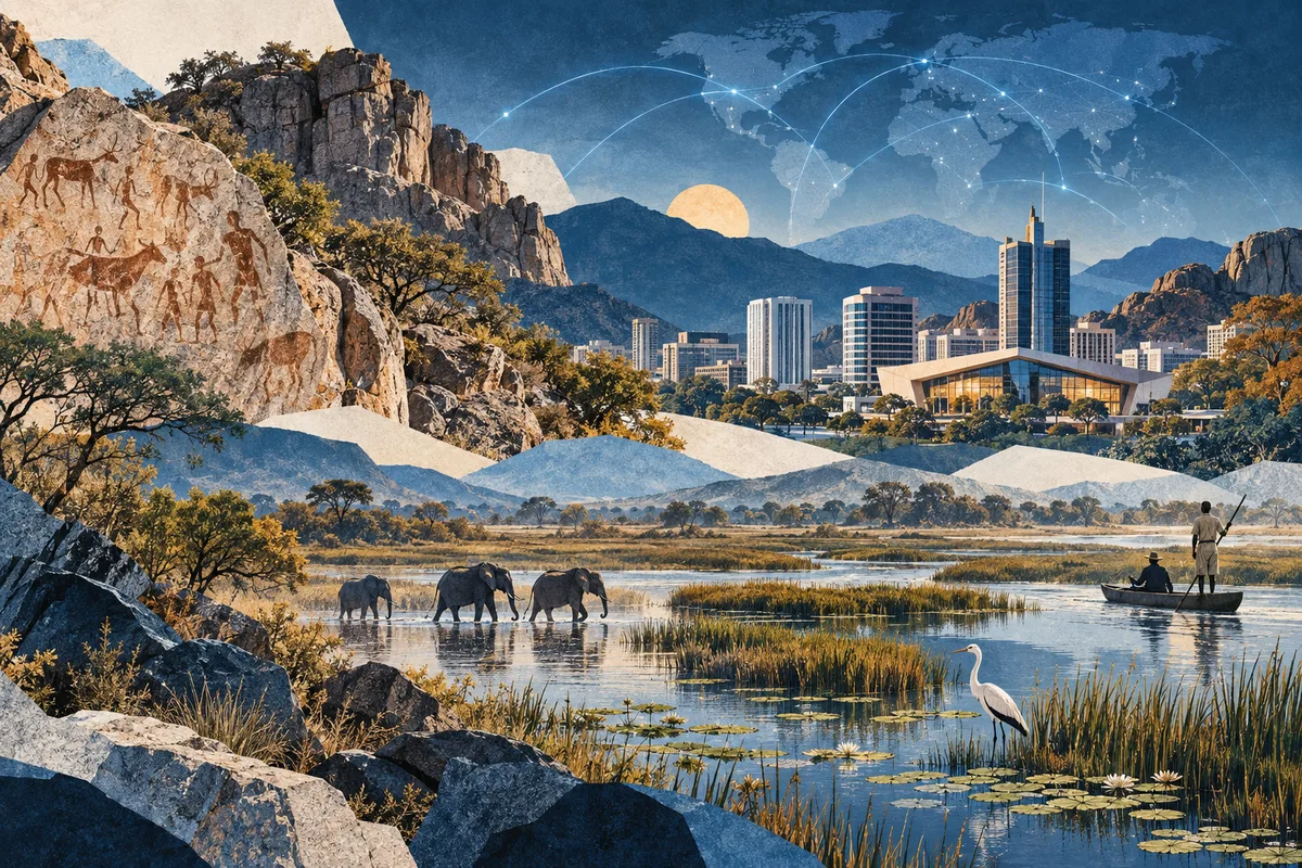 Collage ilustrado de Botsuana, inspirado en Tsodilo, Gaborone, Okavango Delta.