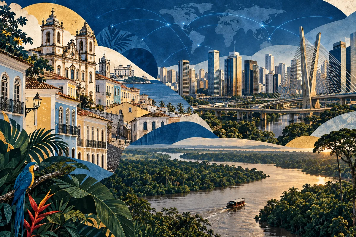 Collage ilustrado de Brasil, inspirado en Historic Centre of Salvador de Bahia, São Paulo, Amazon River.