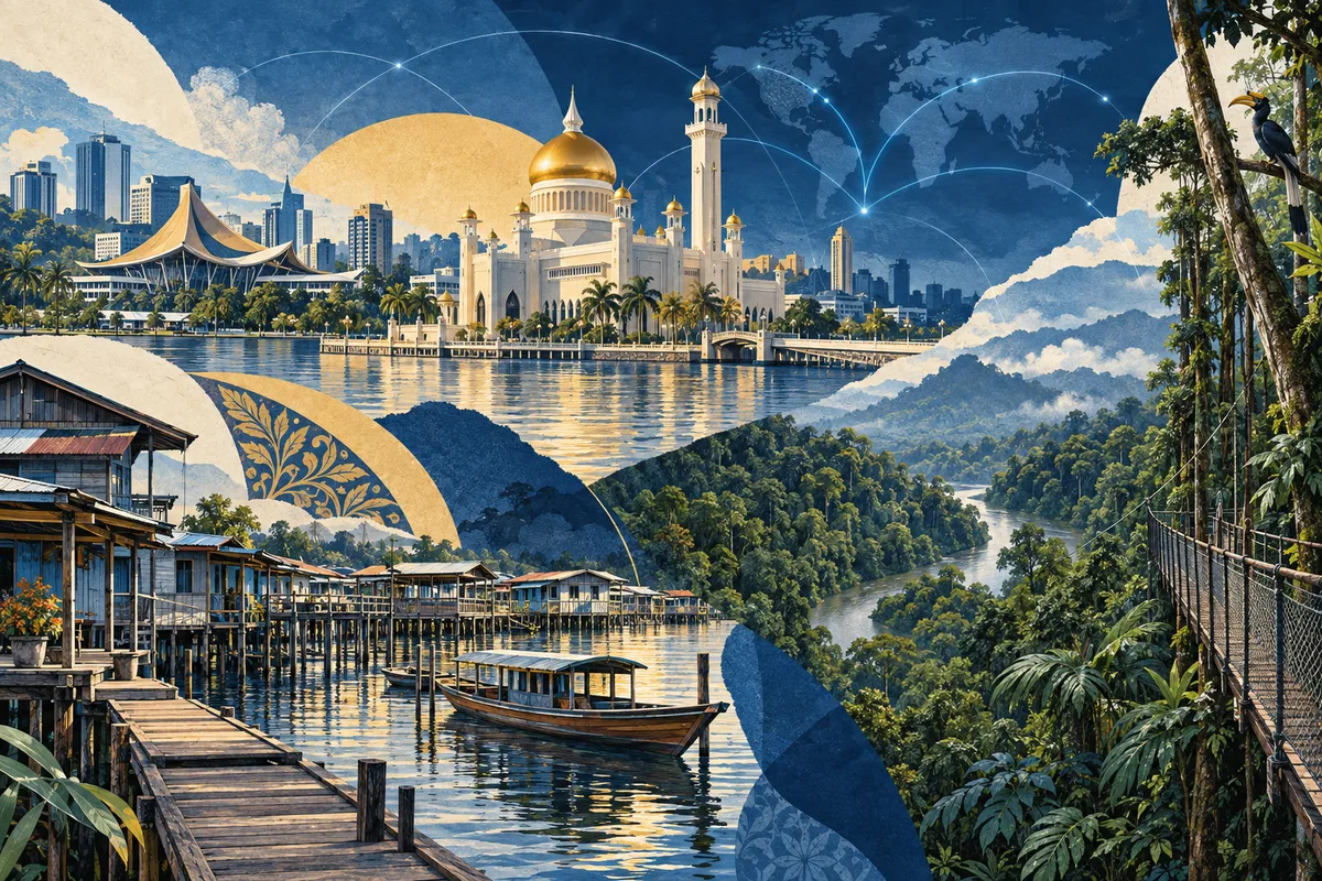 Collage ilustrado de Brunéi, inspirado en Kampong Ayer, Bandar Seri Begawan, Ulu Temburong National Park.