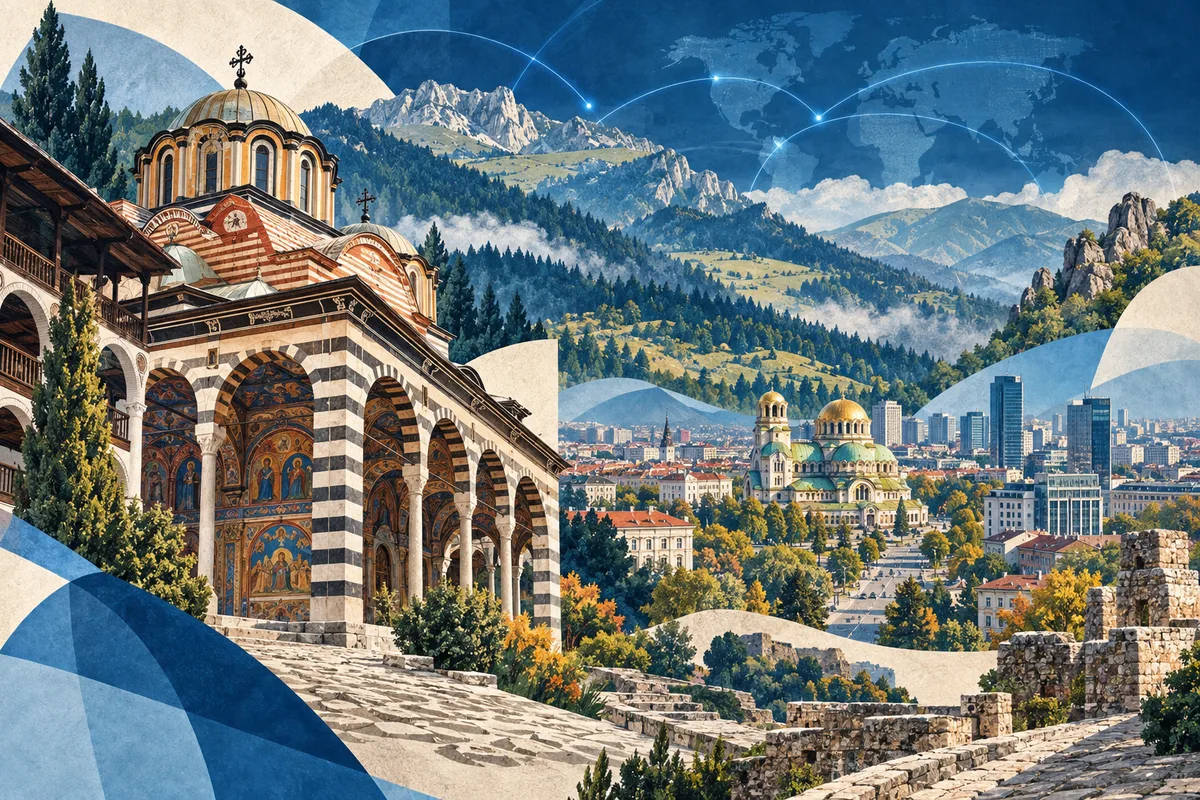 Collage ilustrado de Bulgaria, inspirado en Rila Monastery, Sofia, Balkan Mountains.