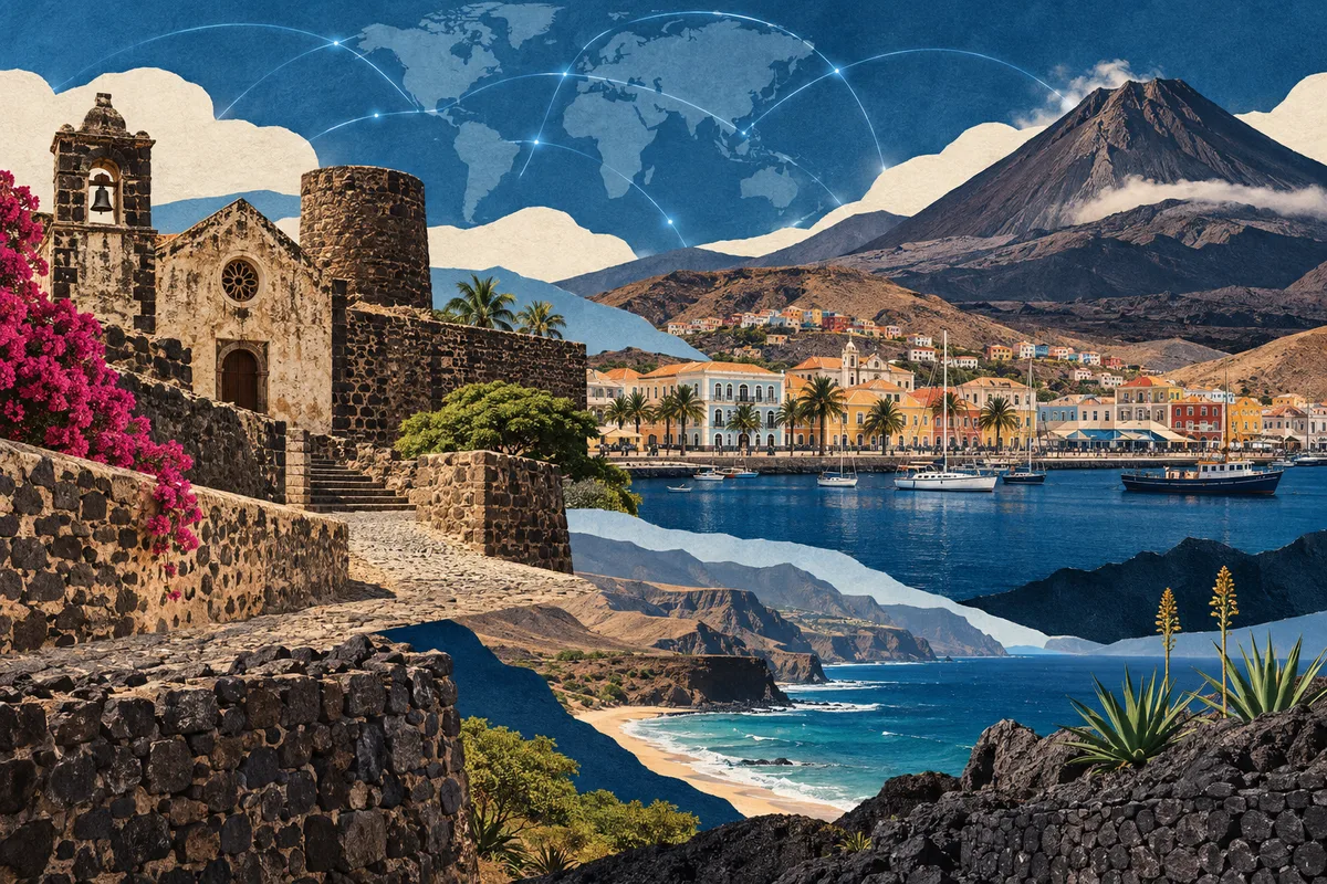Collage ilustrado de Cabo Verde, inspirado en Cidade Velha, Mindelo, Pico do Fogo.