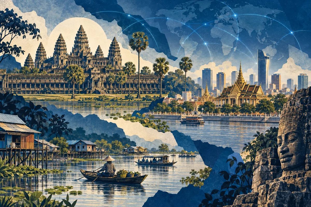 Collage ilustrado de Camboya, inspirado en Angkor Wat, Phnom Penh, Tonlé Sap.