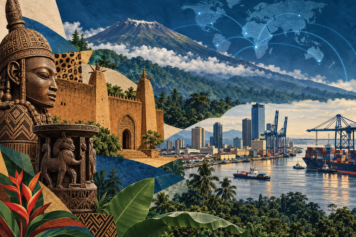 Collage ilustrado de Camerún, inspirado en Foumban, Douala, Mount Cameroon.