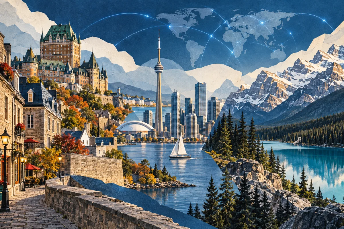 Collage ilustrado de Canadá, inspirado en Old Quebec, Toronto, Canadian Rockies.
