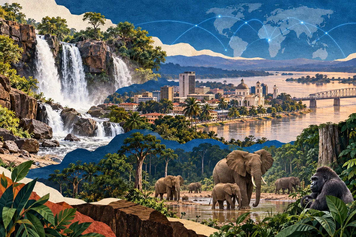 Collage ilustrado de República Centroafricana, inspirado en Boali, Bangui, Dzanga-Sangha Special Reserve.