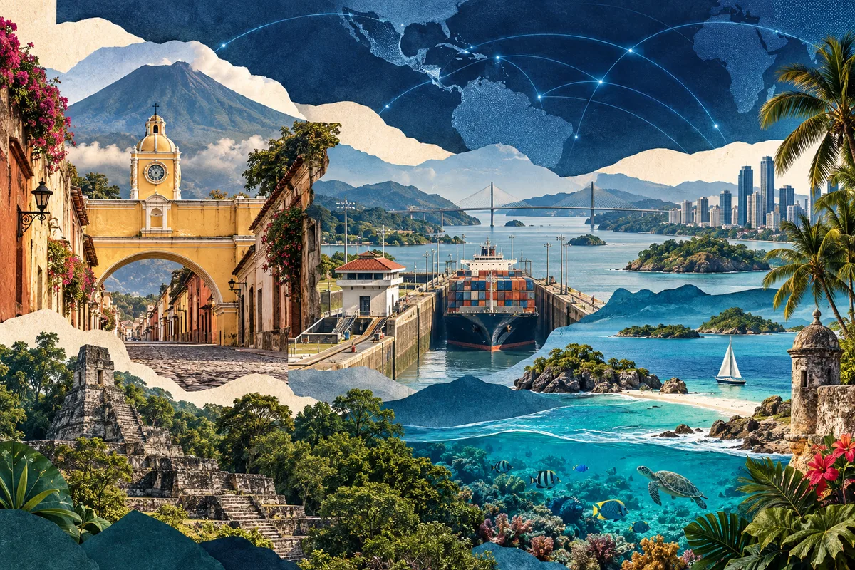 Collage ilustrado de Centroamérica y el Caribe, inspirado en Antigua Guatemala, Panama Canal, Caribbean Sea.