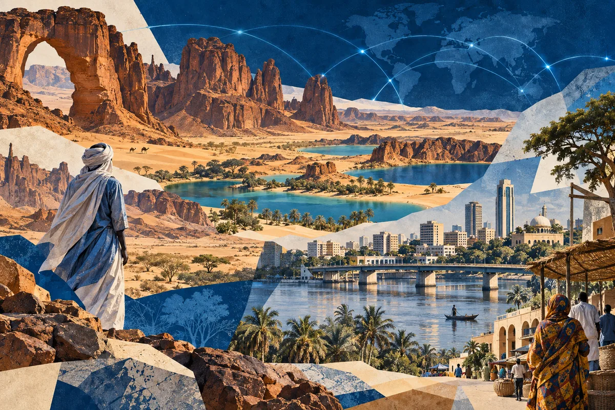 Collage ilustrado de Chad, inspirado en Ennedi Plateau, N'Djamena, Lakes of Ounianga.