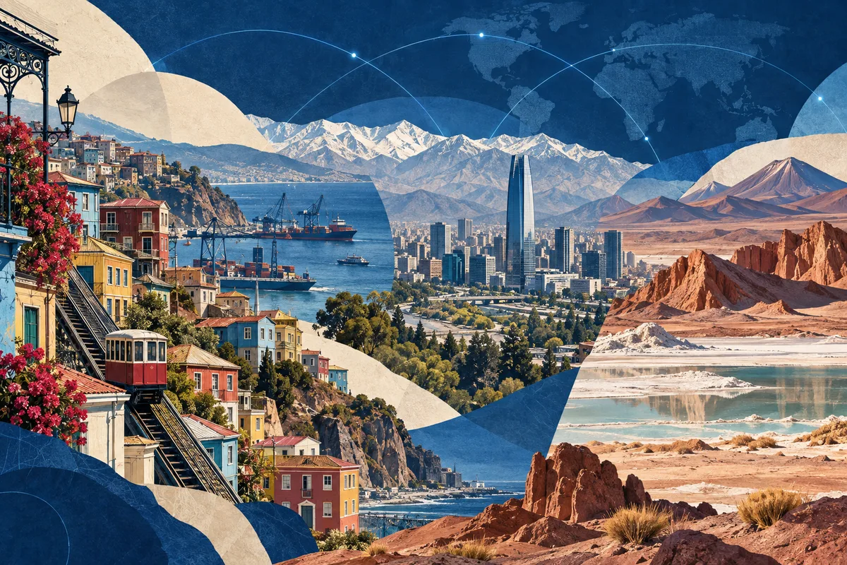 Collage ilustrado de Chile, inspirado en Valparaíso, Santiago, Atacama Desert.