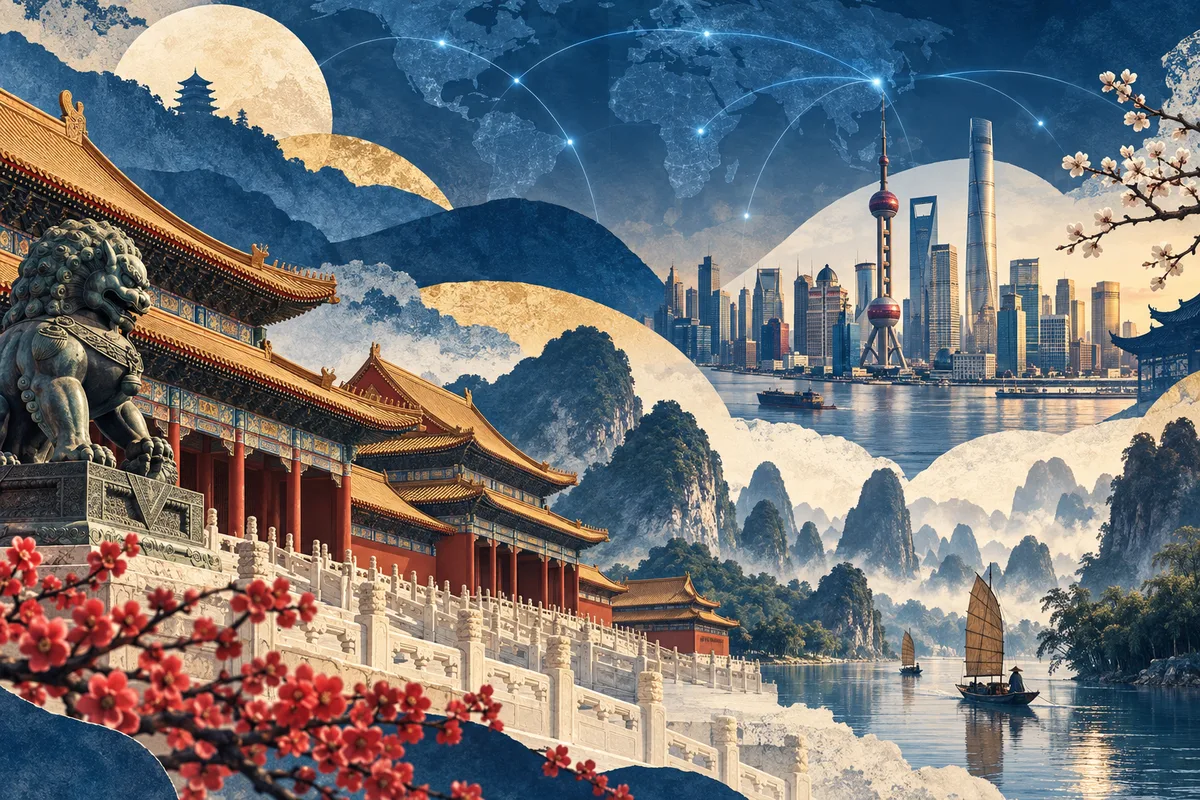 Collage ilustrado de China, inspirado en Forbidden City, Shanghai, Guilin.
