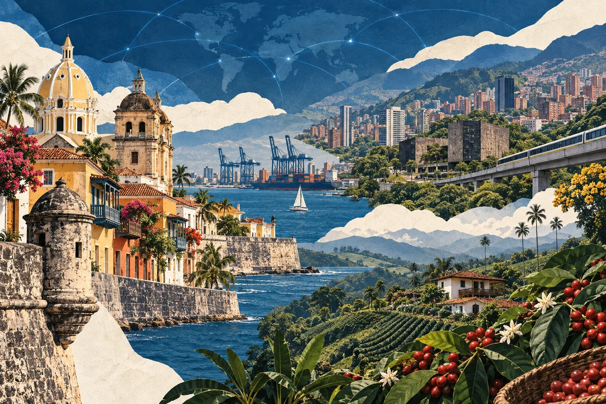 Collage ilustrado de Colombia, inspirado en Cartagena, Colombia, Medellín, Coffee Cultural Landscape of Colombia.