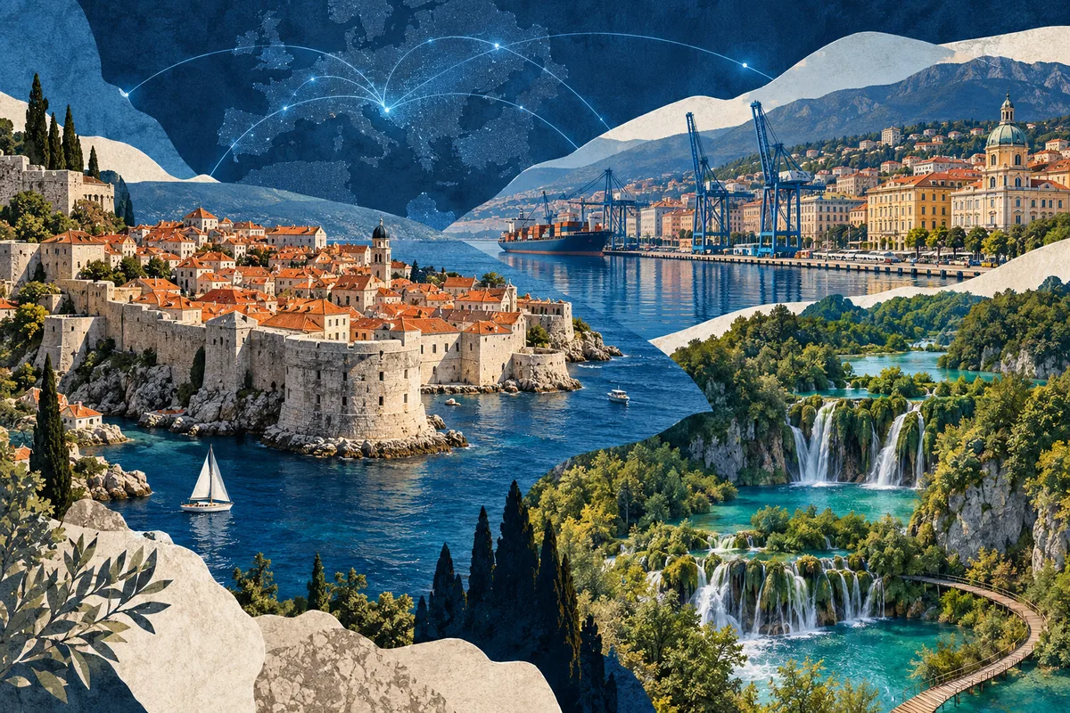 Collage ilustrado de Croacia, inspirado en Dubrovnik, Rijeka, Plitvice Lakes National Park.