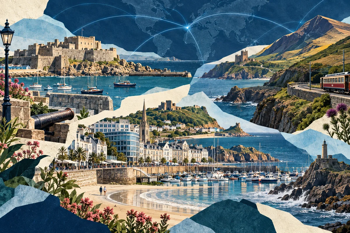 Collage ilustrado de Guernesey, Jersey y la Isla de Man, inspirado en Castle Cornet, Saint Helier, Isle of Man.