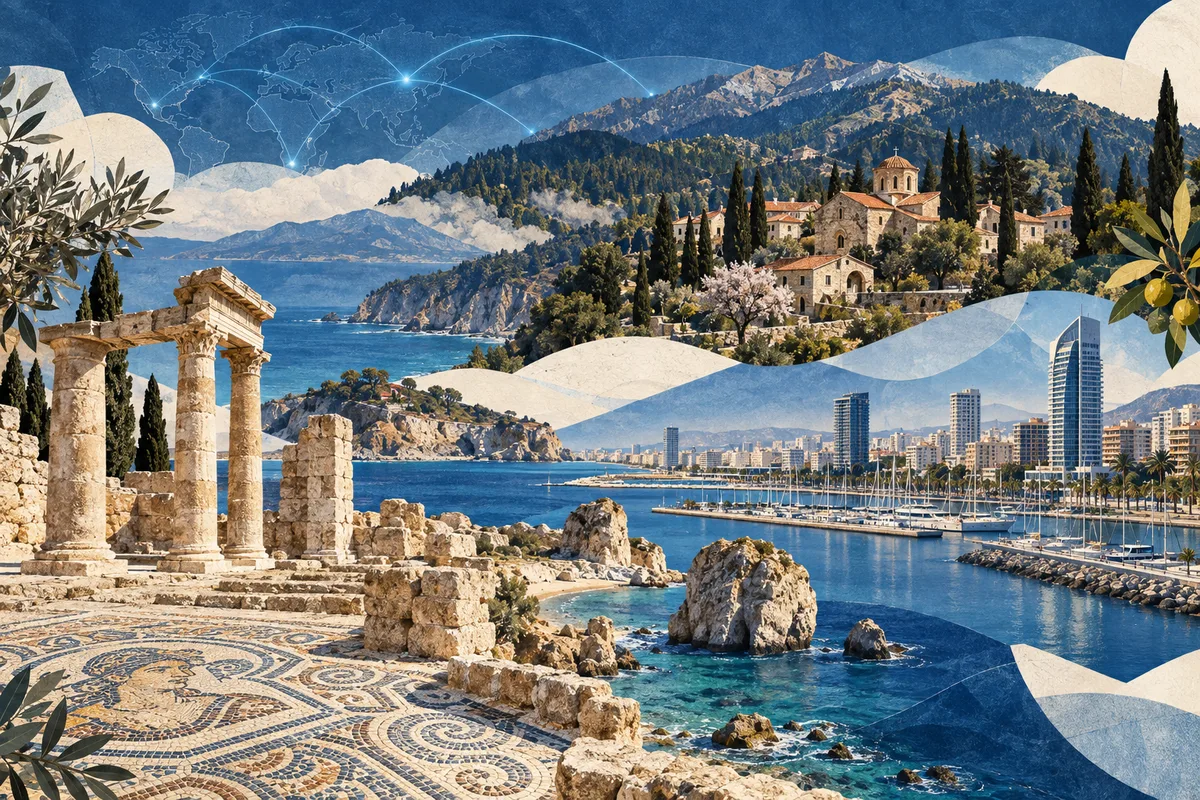 Collage ilustrado de Chipre, inspirado en Paphos, Limassol, Troodos Mountains.