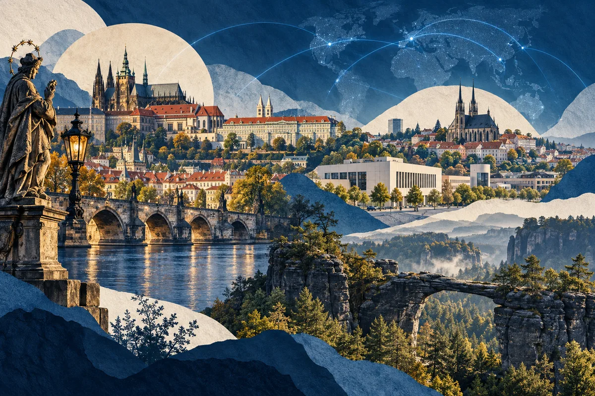 Collage ilustrado de Chequia, inspirado en Prague Castle, Brno, Bohemian Switzerland.