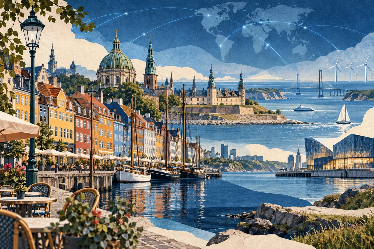 Collage ilustrado de Dinamarca, inspirado en Nyhavn, Copenhagen, Danish straits.