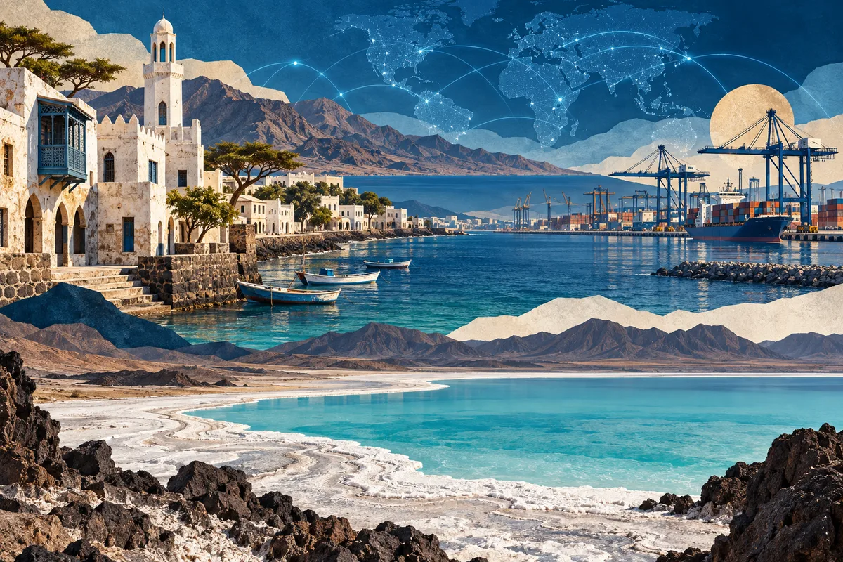 Collage ilustrado de Yibuti, inspirado en Tadjoura, Port of Djibouti, Lake Assal (Djibouti).