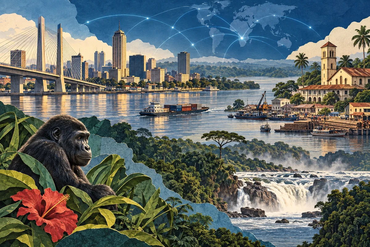 Collage ilustrado de República Democrática del Congo, inspirado en Kisangani, Kinshasa, Congo River.