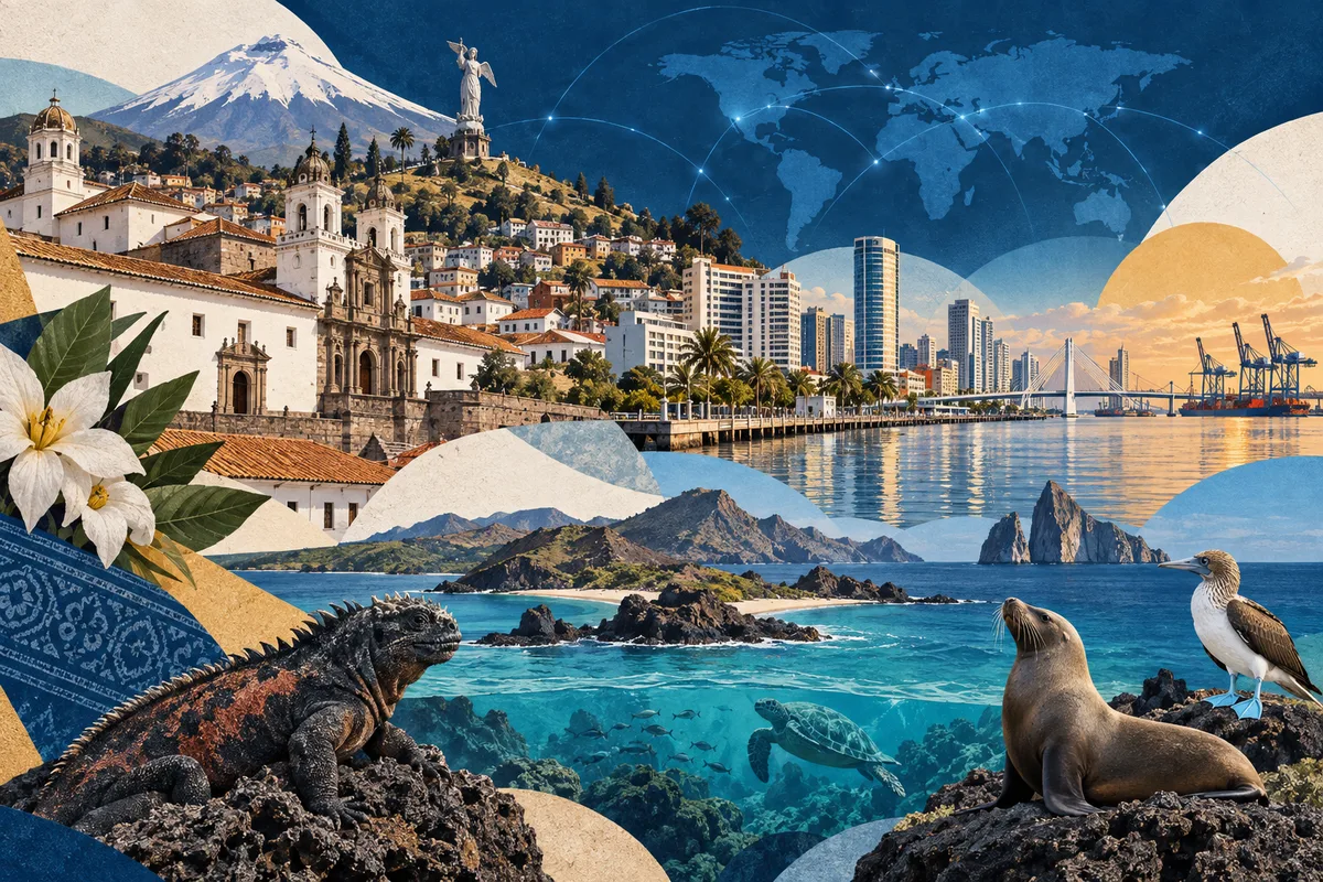 Collage ilustrado de Ecuador, inspirado en Quito, Guayaquil, Galápagos Islands.