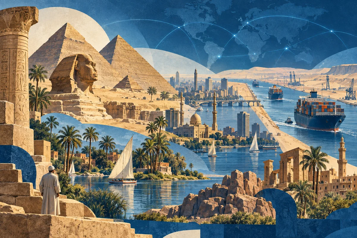 Collage ilustrado de Egipto, inspirado en Giza pyramid complex, Suez Canal, Nile.