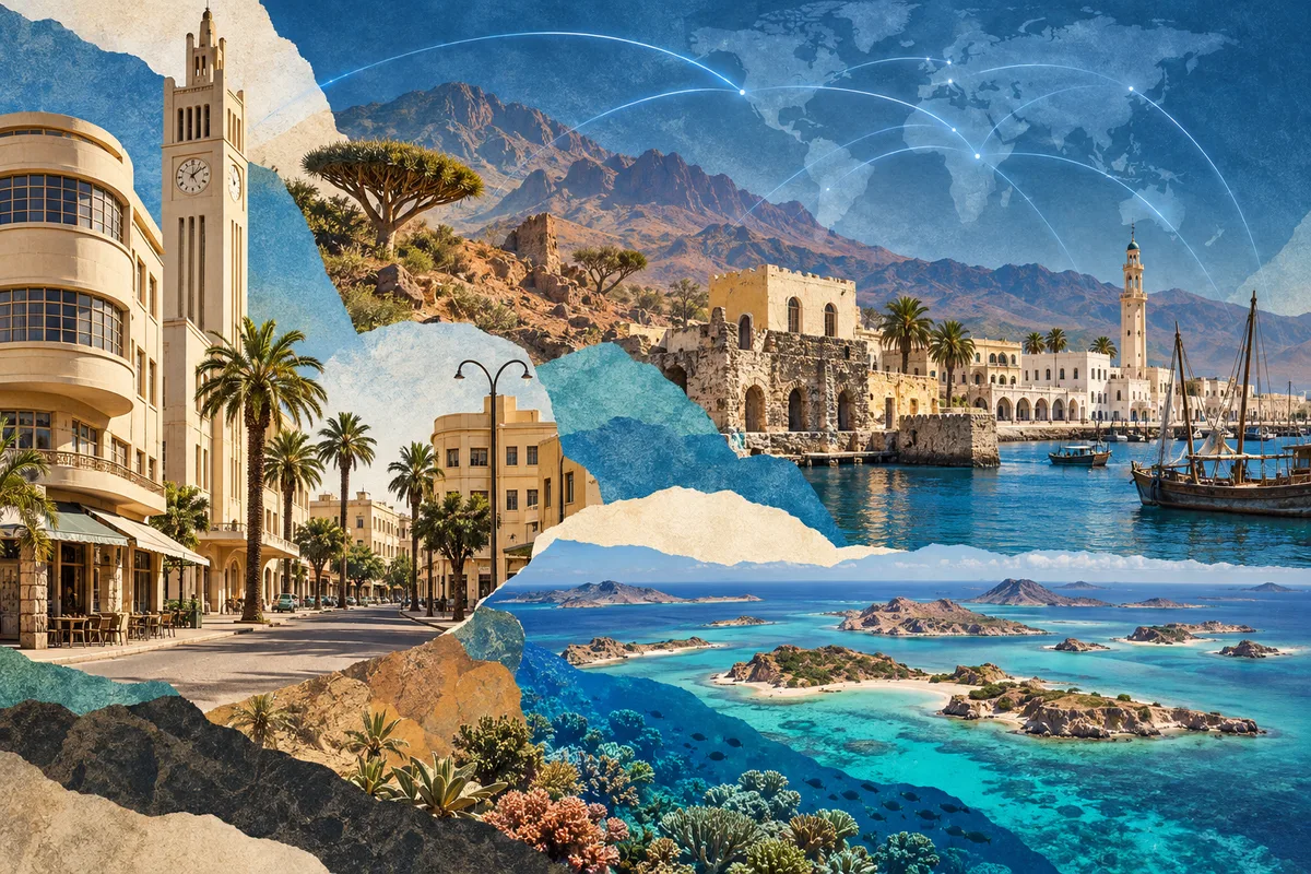 Collage ilustrado de Eritrea, inspirado en Asmara, Massawa, Dahlak Archipelago.