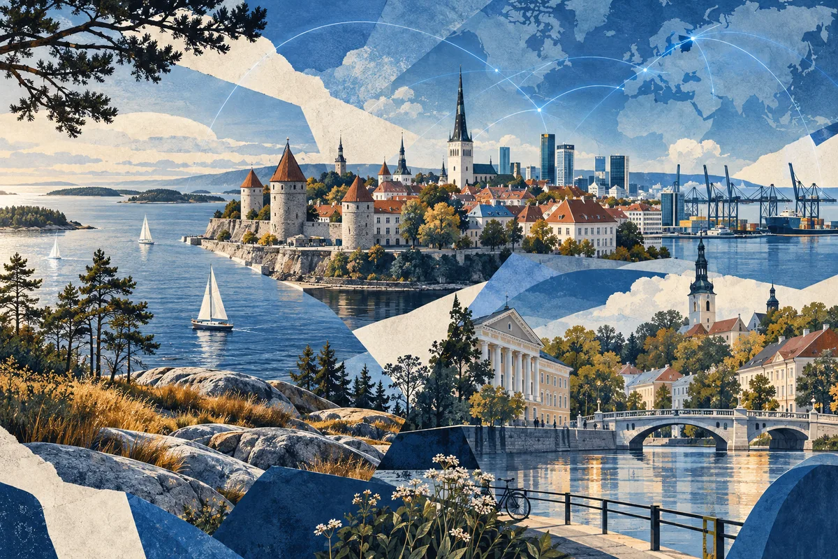 Collage ilustrado de Estonia, inspirado en Tallinn, Tartu, Baltic Sea.