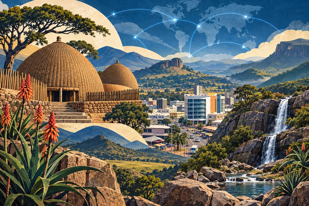 Collage ilustrado de Esuatini, inspirado en Lobamba, Manzini, Eswatini, Malolotja Nature Reserve.