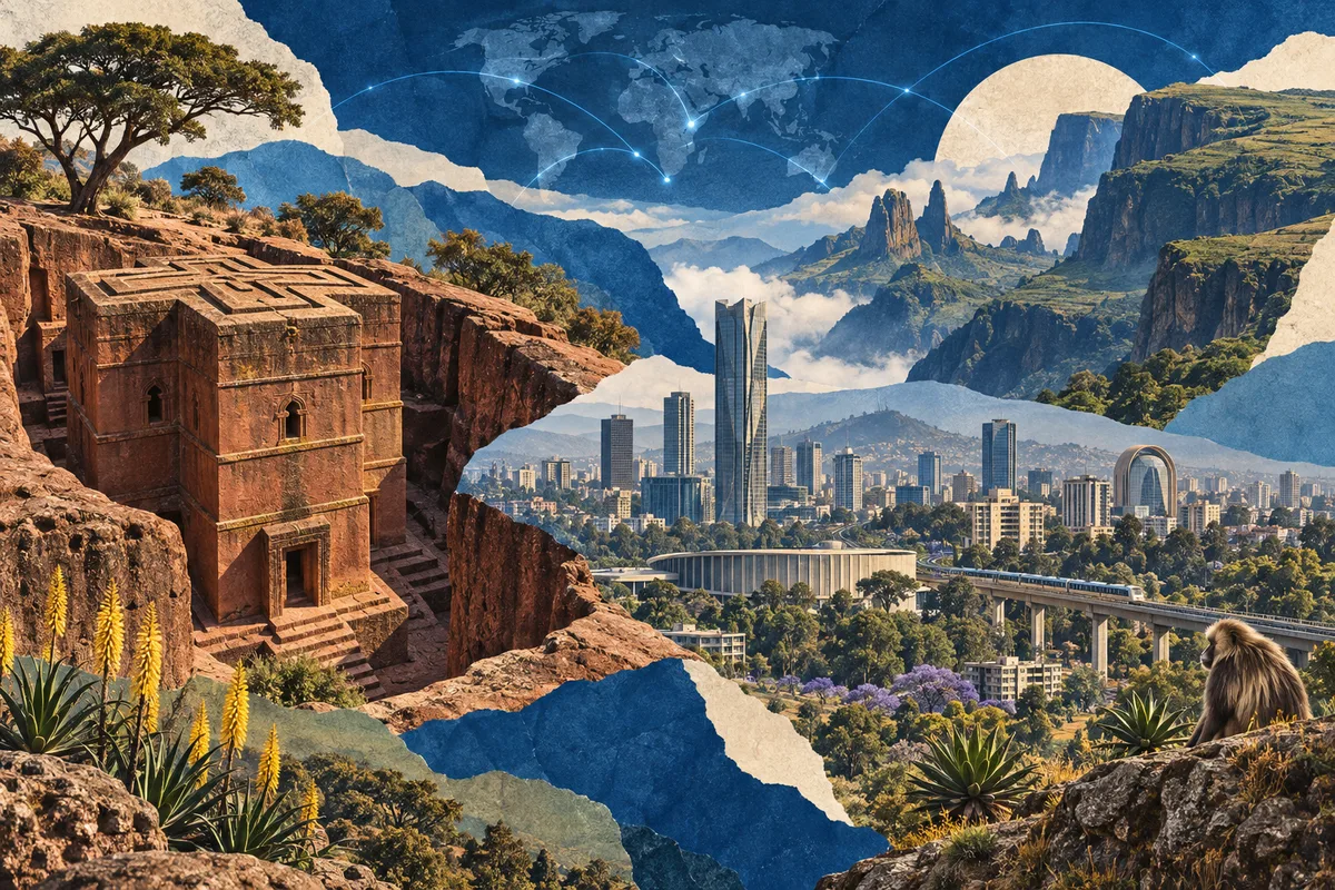 Collage ilustrado de Etiopía, inspirado en Lalibela, Addis Ababa, Simien Mountains.