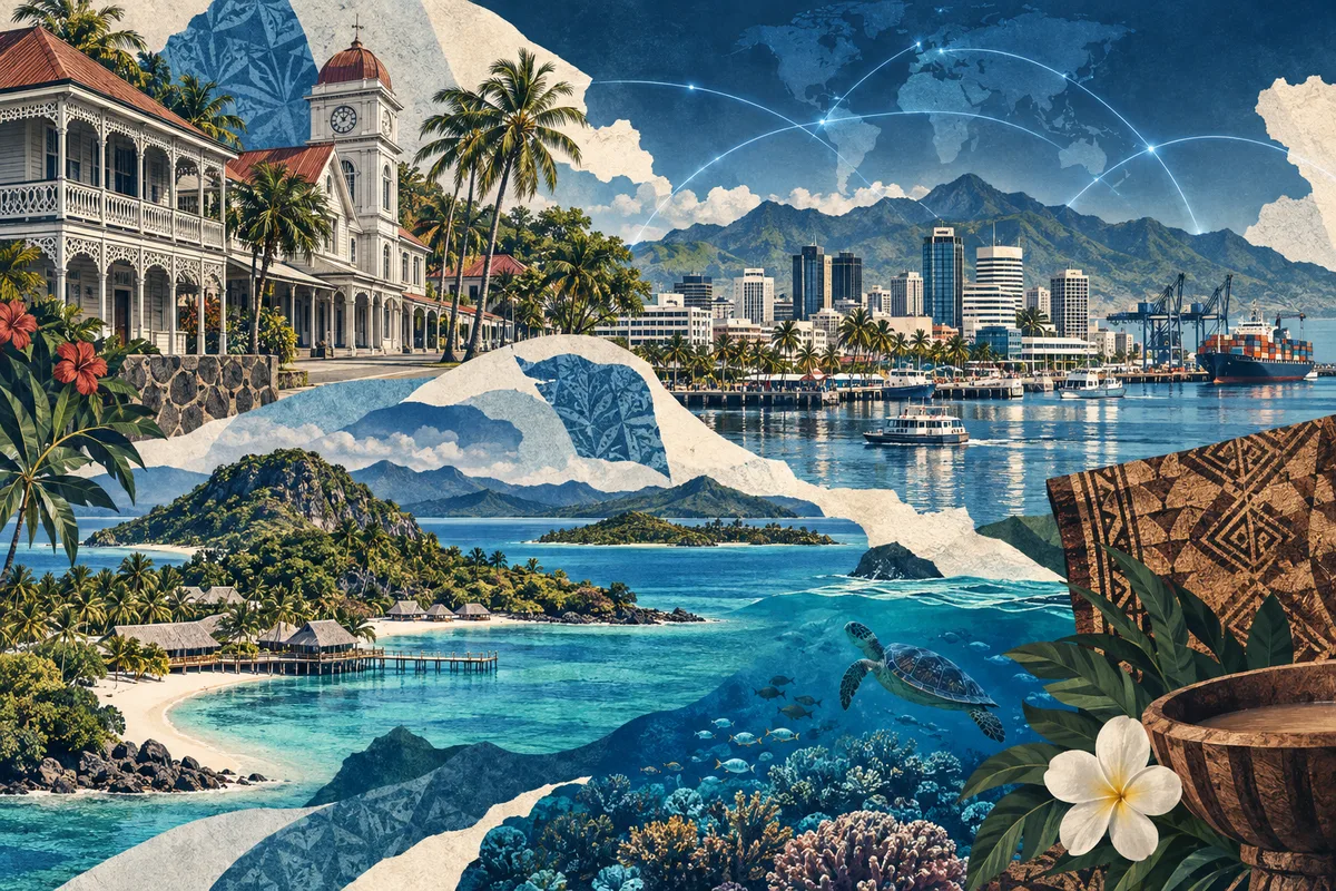 Collage ilustrado de Fiyi, inspirado en Levuka, Suva, Mamanuca Islands.