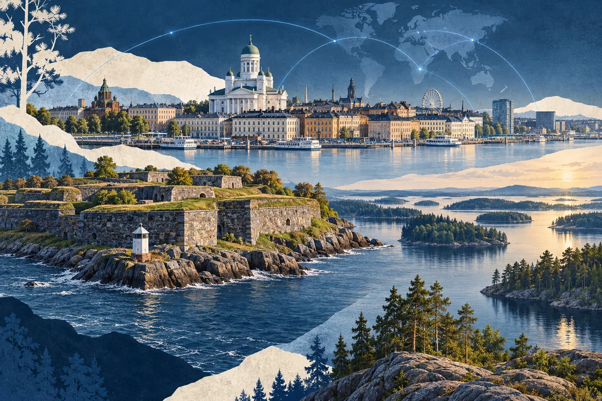 Collage ilustrado de Finlandia, inspirado en Suomenlinna, Helsinki, Finnish Lakeland.