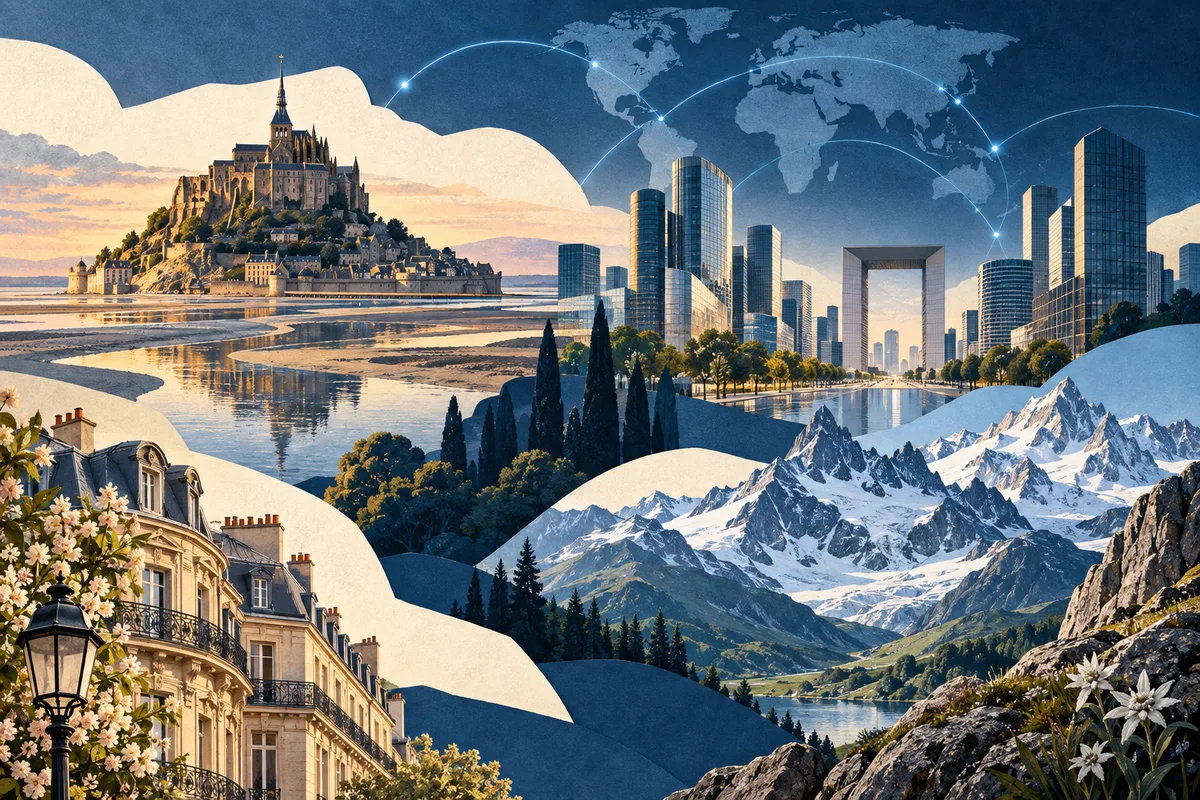 Collage ilustrado de Francia, inspirado en Mont-Saint-Michel, La Défense, French Alps.