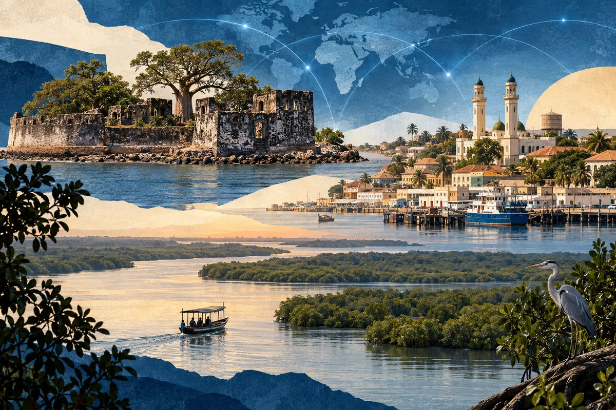 Collage ilustrado de Gambia, inspirado en Kunta Kinteh Island, Banjul, Gambia River.