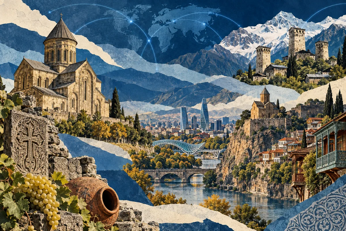 Collage ilustrado de Georgia, inspirado en Mtskheta, Tbilisi, Svaneti.